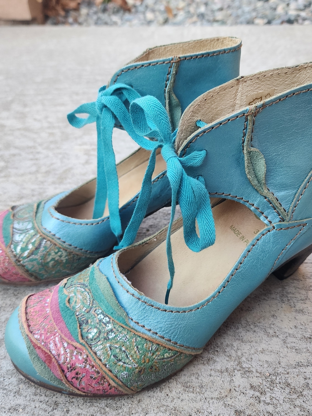 Rovers Heeled Teal Leather Cutout Ankle Booties, Fairycore Romatic Tie, EU 38
